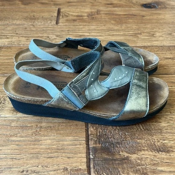 Naot Kimberly Slide Sandals Metallic Leather Rhinestone Cork Comfort Size 8 - Picture 1 of 10